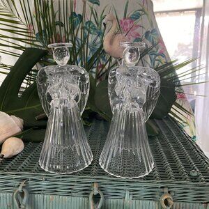 Vintage Cut Glass Crystal Praying Angel Candlesticks Candle Holders 7” Pair Xmas